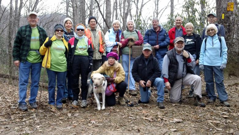 The OFHC gang for today's hike! (l-r)Tony Presley, Donna Presley, Karen Brown, Geri Whitaker, Dick Metzgar, "Angus" trail dog, Lynne Saporito, June Bellamy, John Bellamy, Vic Robson, Chuck Crisp, Bob Magee, Dan Ross, Jeanne O'Connor, Pam Euliss, and Phil Brownrigg .