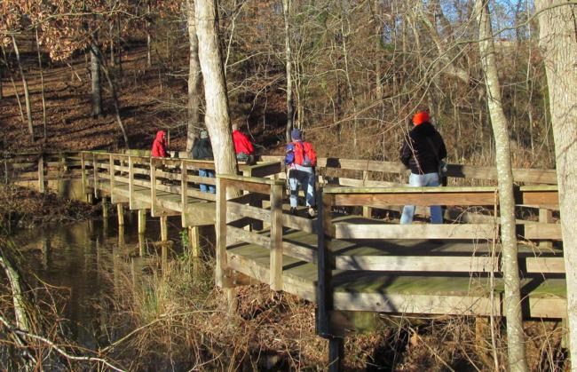 Crossing the bridge at the upper end of the lake.
