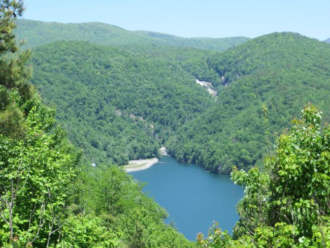 About a mile south of the Bad Creek Parking area, we get a nice view of the upper part of Jocassee Lake where Lower Whitewater Falls comes in.