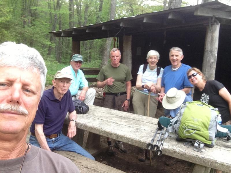 Two group photos today. Some of our hikers had lunch at the Siler Bald Shelter. (l-r) Jim Driggers, Phil Brownrigg, Vic Robson, Stephen Gales, June Bellamy, John Bellamy and Greta Driggers.