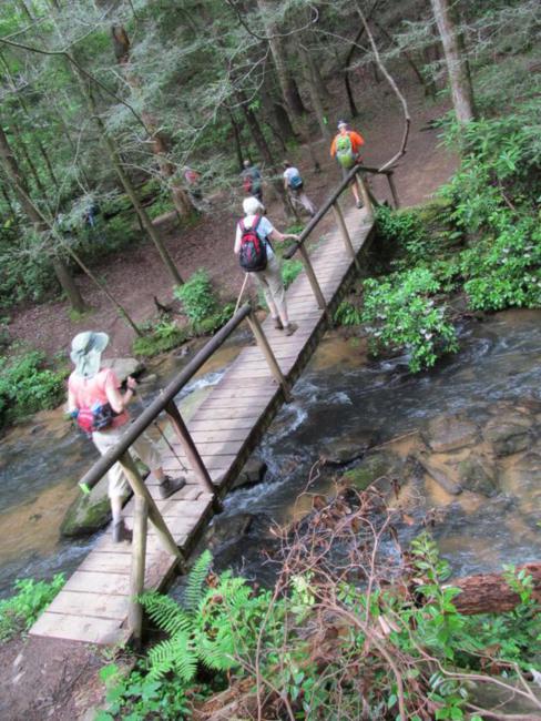 Crossing the footbridge to the other side.