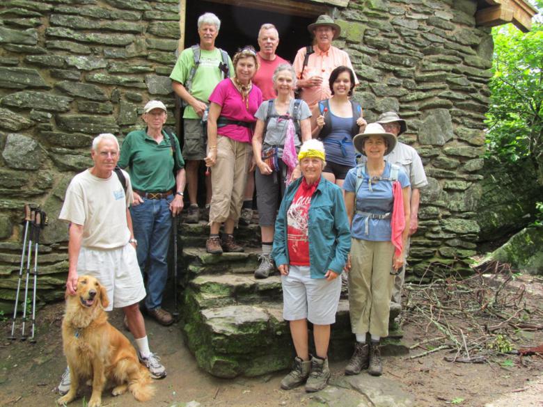The OFHC gang for today's hike - (l-r) Mike Jones and "Barney", Phil Brownrigg, Jim Driggers, Greta Driggers, Stephen Gales, Carole Wintle, Jeanne O'Connor, Pom Sinnock, Mary DeWitt, Karen Brown, and Dick Metzgar.