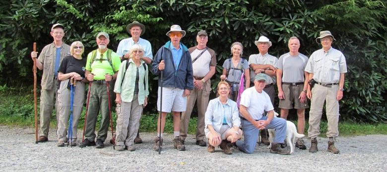 The OFHC gang for today's hike! (l-r) Marvin Tabor, Geri Whitaker, Wayne Barios, Pom Sinnock, Pam Euliss, Wayne Miller, Don Preece, Wanda Miller, Carole Wintle, Vic Robson, Bill Hunt, "Cotton - the Trail dog" Stephen Gales and Dick Metzgar.