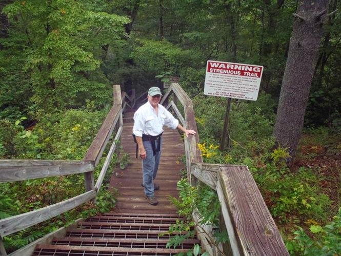 The staircase that leads to the suspension bridge and on down to the gorge floor if you choose!