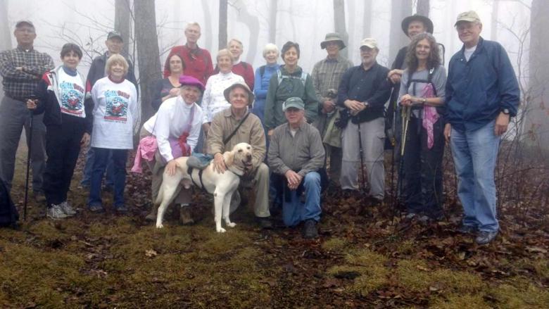 The OFHC gang for today's hike! (l-r)Bill Hunt, Donna Presley, Phil Brownrigg, Geri Whitaker, Mary Lu Norton, Lynne Saporito & dog "Angus", Dave Norton, Jeanne O'Connor, Dave Hinson, John Bellamy, June Bellamy, Karen Brown, Vic Robson, Dick Metzgar, Bob Magee, Pom Sinnock, Carole Wintle, and Tony Presley.