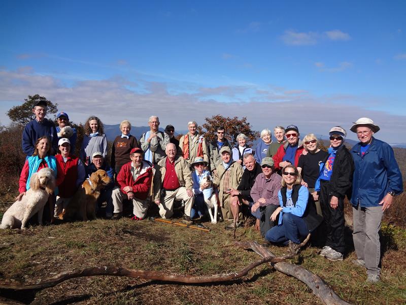 The OFHC gang for today's hike. (l-r kneeling) Lynne Porter-Whitmire & "Honey", Rev. Mary Demmler, Mike Jones & "Barney" Bruce O'Connor, Bob Presley, Lynne Saporito & "Angus", Dave Hinson, Stephen Gales, Vic Robson and Ann Jones. (l-r standing) Marvin Tabor, Rick Porter-Whitmire & "Frisco", Carole Wintle, Jeanne O'Connor, Bill Hunt, Wayne Barios, Dick Metzgar, Gerald Richardson, Martha Hunt, June Bellamy, John Bellamy, Doug Russell, Geri Whitaker, Donna Presley and Tony Presley. * not pictured - Wayne and Wanda Miller.