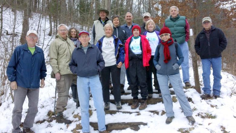 The OFHC gang for today's hike! (l-r)Tony Presley, Dick Metzgar, Carole Wintle, Phil Brownrigg, Pom Sinnock, Jeanne O'Connor, Karen Brown, Dan Ross, Donna Presley, Bob Magee, Geri Whitaker, Pam Euliss, John Bellamy and Vic Robson .
