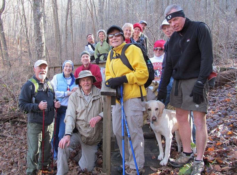 The OFHC gang for today's hike. (l-r) Wayne Barios, June Bellamy, John Bellamy, Dick Metzgar, Bill Hunt, Karen Brown, Geri Whitaker, Jeanne O'Connor, Carole Wintle, Jack Wintle, Trail Dog "Angus", Phil Brownrigg and Stephen Gales. .