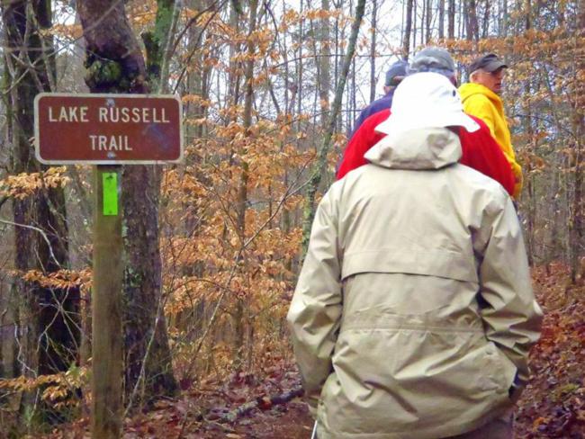 The trail starts at the back of the parking lot near the dam of Nancytown Lake.
