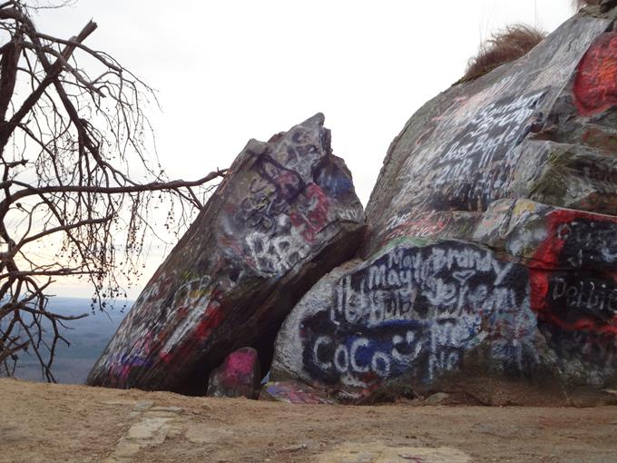 Nearing the summit we see the graffitti covered boulders.