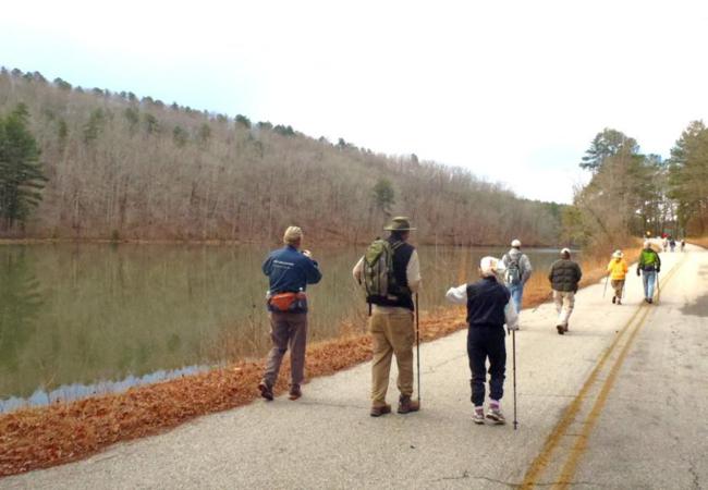 The trail travels for a short distance on the park road.