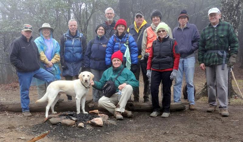 The OFHC gang for today's hike. Vic Robson, "Angus" the trail dog, Stephen Gales, Mary Lu Norton, Dave Norton, Dave Hinson, Carole Wintle, Don Preece, Dick Metzgar, Pam Euliss, Phil Brownrigg and Tony Presley.