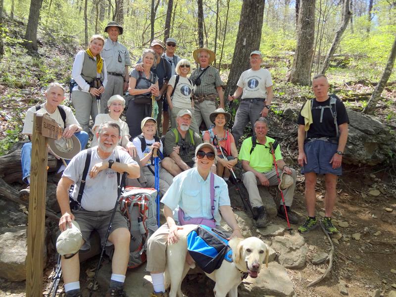 The OFHC gang for today's hike. (l-r back standing) Greta Driggers, Dick Metzgar, Carole Wintle, Jack Wintle, Jim Driggers, Pam Euliss, David Hinson, Tony Presley and Stephen Gales.(middle seated) John Bellamy, June Bellamy, Geri Barrios, Wayne Barrios, Karen Brown and Chuck Crisp. (front) Bob Magee and Suzanne Wilson & "Angus".