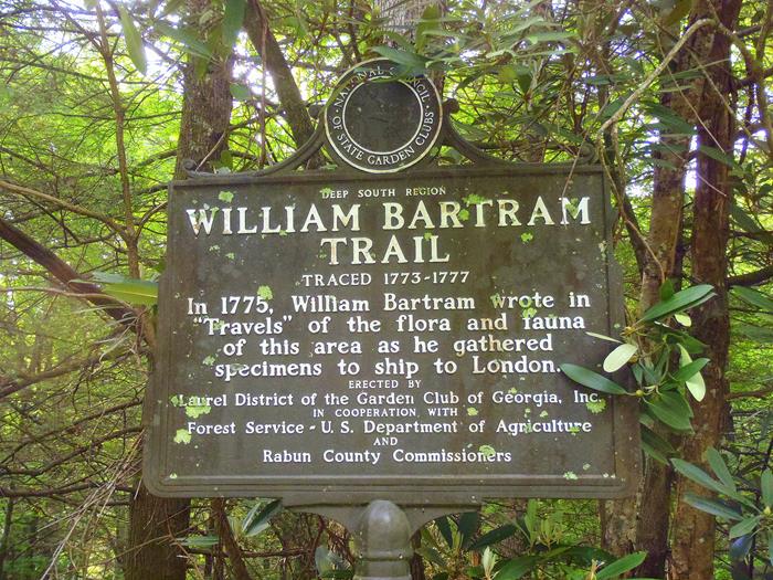 Bartram Trail marker at the highway crossing on Warwoman Rd.