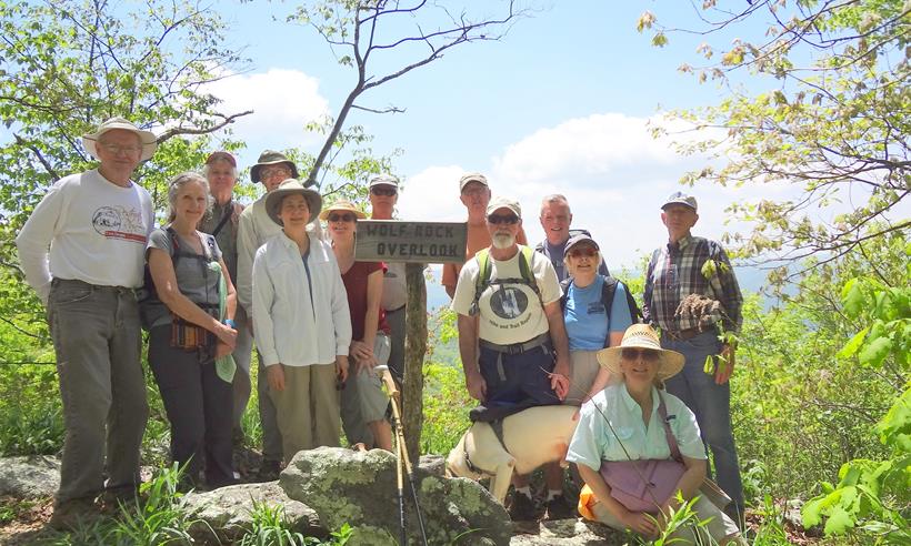 The OFHC gang for today's hike. (l-r) Tony Presley, Carole Wintle, David Hinson, Dick Metzgar, Karen Brown, Greta Driggers, Jim Driggers, Tim Hale, trail dog "Angus", Wayne Barrios, Emily McIntosh and Phil Brownrigg.