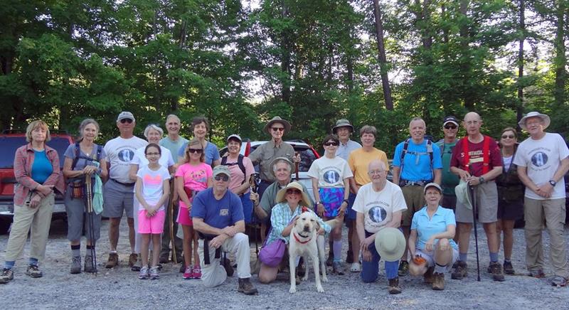 The OFHC gang for today's hike. (l-r) Sandy Robson, Carole Wintle, Bill Hunt, Martha Hunt, Aubrey Anderson, Dan Ross, Kaytlyn Brown, Karen Brown, Vic Robson, Dolly Tabor, Marvin Tabor, David Hinson, Linda Jones, Trail dog "Angus", Donna Presley, Dick Metzgar, Kim Johnson, Bob Presley, Stephen Gales, Wanda Miller, Jim Driggers, Wayne Miller, Greta Driggers and Tony Presley.