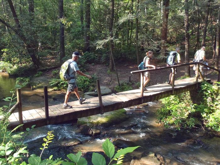 Crossing the footbridge over Panther Creek.