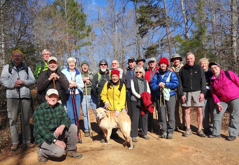The OFHC gang for today's hike! (l-r)Pom Sinnock, Dave Norton, Bob Magee, Tony Presley, June Bellamy, John Bellamy, Wayne Barrios, Geri Whitaker, "Nugget", Jack Jacobi, Phil Brownrigg, Pam Euliss, Tim Hale, Bill Hunt, Carole Wintle, Dick Metzgar, Stephen Gales, Jeanne O'Connor and Mary Lu Norton.