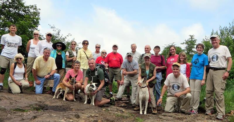 The OFHC gang for today's hike. (l-r front) Pam Euliss, Chuck Crisp, Cup Gales with "Mack", Stephen Gales with "Cotton", Vic Robson, "Angus", Cecilia Compton and David Hinson . (l-r back) Kris Lewicki, Carole Raguckas, Joe Raguckas, Jeanne O'Connor, Greta Driggers, Karen Brown, Jim Driggers, Geri Barrios, Wayne Barrios, Dick Metzgar, Jack Jacobi, Phil Brownrigg, Catherine Boyd, Chloe Boyd, Mary Grace Boyd and Tony Presley.