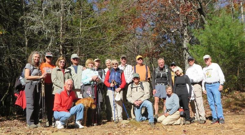 The OFHC gang for today's hike. (l-r) Carole Wintle, Jim Driggers, Greta Driggers, Mike Jones & "Barney", Bill Hunt, Sandy Robson, Phil Brownrigg, Dick Metzgar, Geri Barrios, Don Preece, Vic Robson, Tim Hale, Stephen Gales, Arleane Gales, Wayne Barrios, Pam Euliss, Joe Raguckas and Tony Presley. .