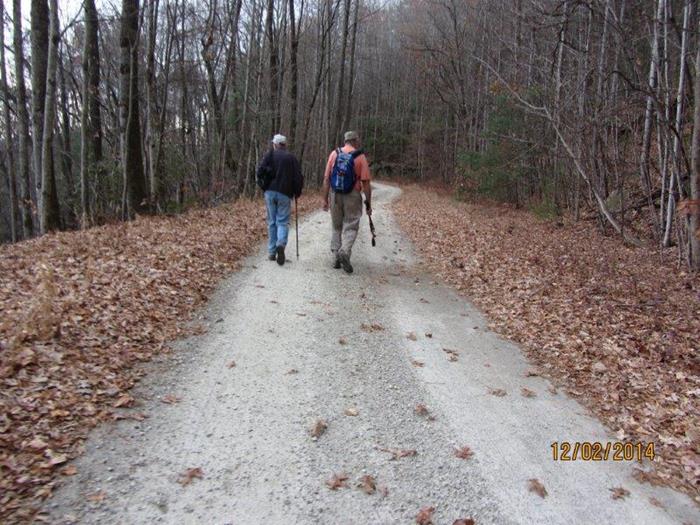 We decide to take the service road back to our parking area in order to make it a loop hike with views from the falls down to Lake Jocassee.