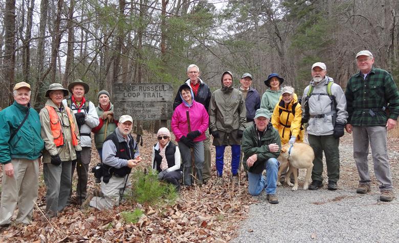 The OFHC gang for today's hike. (l-r)Dave Hinson, Dick Metzgar, Pom Sinnock, John Bellamy, Bob Magee, Pam Euliss, Mary Lu Norton, Dave Norton, Stephen Gales, Vic Robson, Phil Brownrigg, Karen Brown, Geri Whitaker, "Nugget", Wayne Barrios and Tony Presley.