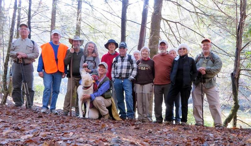 The OFHC gang for today's hike. (l-r) Bill Hunt, Tony Presley, Jack Wintle, Carole Wintle, "Angus", Vicky Simpson, Karen Brown, Vic Robson, Jan Burgess, Geri Barrios, Wayne Barrios, Jeanne O'Connor, Pam Euliss and Bob Magee. .
