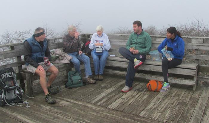 Lunchtime on the fogged-in observation deck at Rabun Bald.
