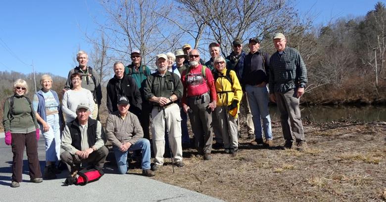 The OFHC gang for today's hike. (l-r)Pam Euliss, Jeanne O'Connor, , Mary Lu Norton, Dave Norton, Bill Hunt, Vic Robson, Stephen Gales, Pom Sinnock, Bob Magee, June Bellamy, John Bellamy, Tim Hale, Wayne Barrios, Dave Hinson, Geri Whitaker, Don Preece, Phil Brownrigg and Tony Presley.