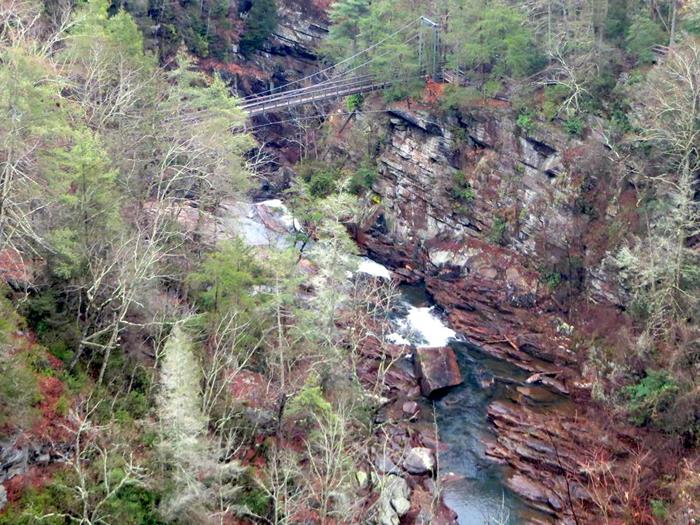 Deep view into the gorge and the suspension bridge completed in 2002.