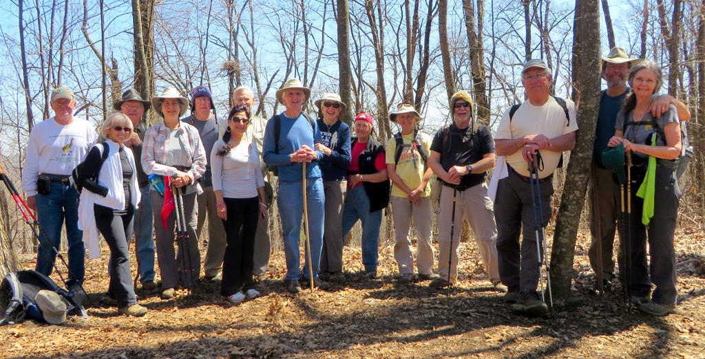 The OFHC gang for today's hike. (l-r) Tony Presley, Pam Euliss, Joe Collins,Karen Brown, Tim Hale, Trushna Nadig, Dick Metzgar, John Bellamy, June Bellamy, Jeanne O'Connor, Suzanne Belflower Bob Magee, Bill Hunt, Jack Wintle and Carole Wintle.