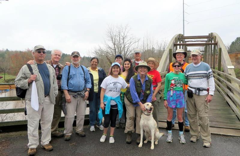 The OFHC gang for today's hike. (l-r) Bill Hunt, David Hinson, Bob Magee, Kanchan Garg, Tyler Hunt, Greta Driggers, Trushna Nadig, Jim Driggers, Jill Smith, "Angus" trail dog, Jeanne O'Connor, Donna Presley, Joe Collins and Tony Presley.