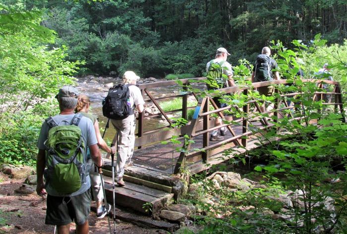 Crossing the footbridge over the Whitewater River.