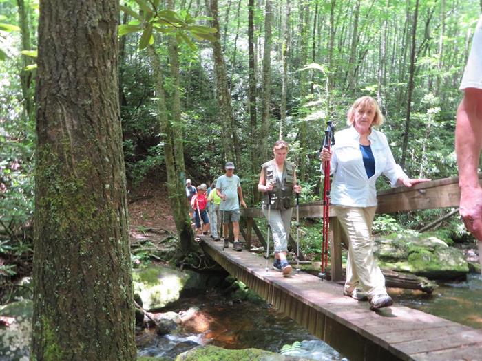 Crossing the creek on the footbridge.