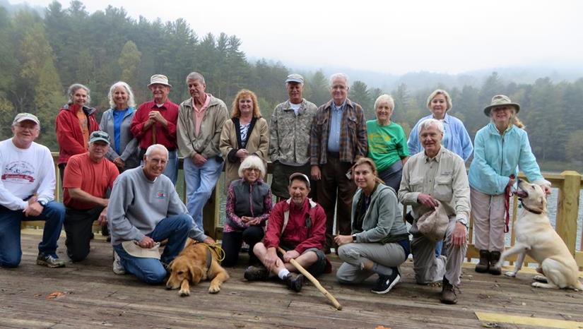 The OFHC gang for today's hike. (l-r front) Tony Presley, Vic Robson, Mike Jones and "Barney", Pam Euliss, Bruce O'Connor, Greta Driggers and Dick Metzgar. (l-r standing) Carole Wintle, Suzanne Belflower, Joe Collins, Chuck Crisp, Frances Davis, Jim Driggers, David Hinson, Jeanne O'Connor, Brenda Cooper and Lynne Wilson with "Angus".