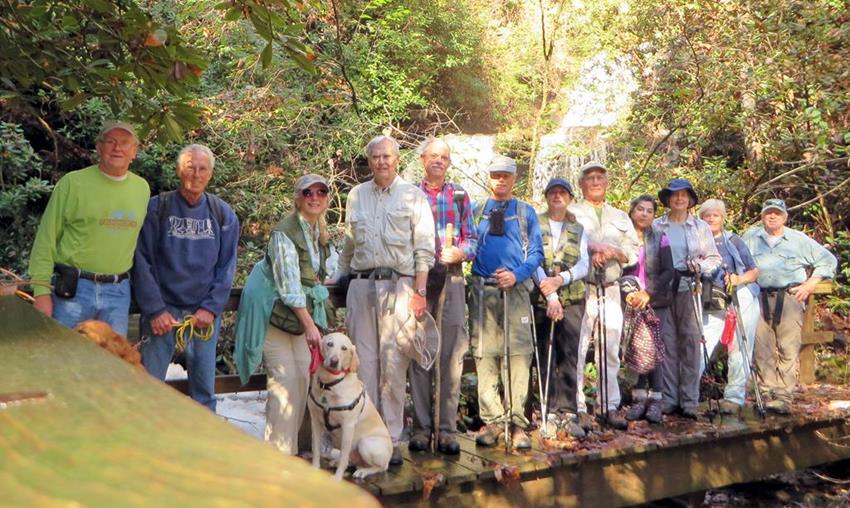 The OFHC gang for today's hike. (l-r) Tony Presley, Mike Jones & "Barney", Gail Smith & "Angus", Dick Metzgar, Mike Bell, Jim Driggers, Greta Driggers, Bill Hunt, Trushna Nadig, Karen Brown, Jeanne O'Connor and Vic Robson.