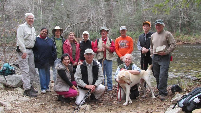 The OFHC gang for today's hike. (l-r) Dick Metzgar, Kanchan Garg, Karen Brown, Trushna Nadig, Greta Driggers, Suzanne Belflower, Bill Hunt, Joe Collins, Jim Driggers, Gail Smith & "Angus", Phil Brownrigg and Vic Robson.