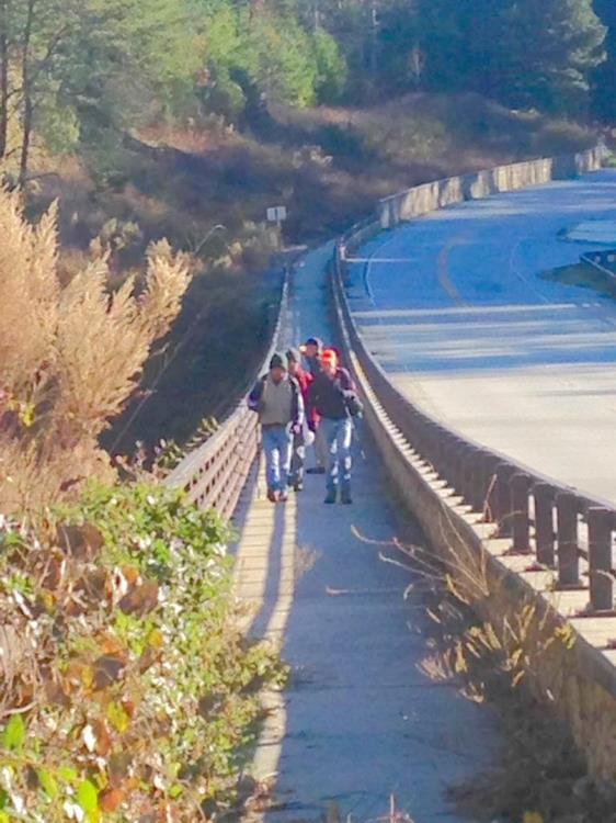 Crossing Highway 76 Bridge to the trailhead on the GA side of the river.