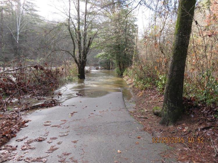 The river covers the asphalt trail here.