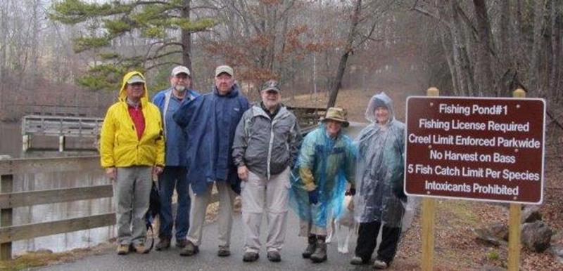 The OFHC gang for today's hike. (l-r) Bill Hunt, Phillip Hale, Tim Hale, Bob Magee, Judy Swanson, "Angus" the trail dog and Jeanne O'Connor. .
