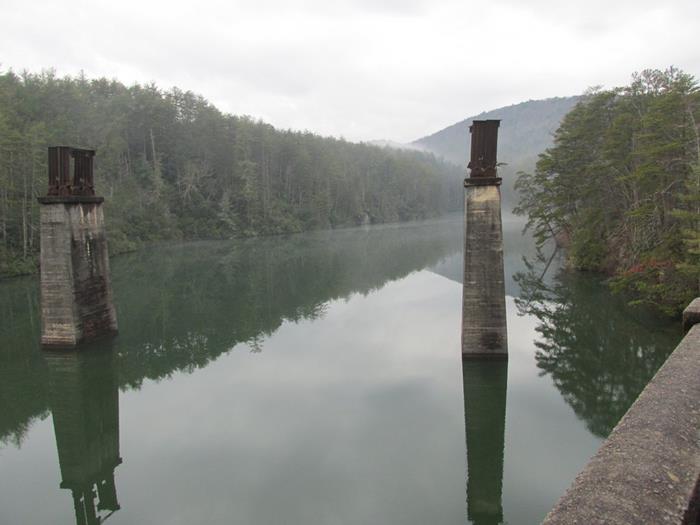 Beautiful Tallulah Falls Lake and the old piers from the Tallulah Falls Railroad Trestle.