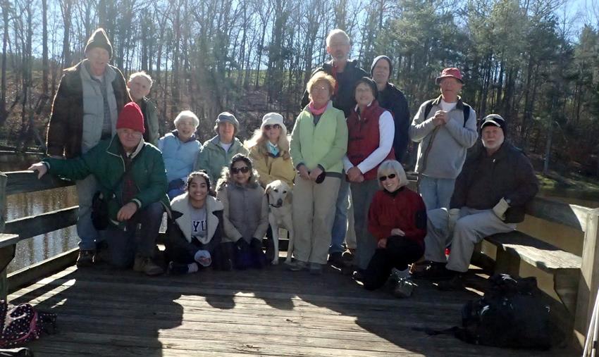 The OFHC gang for today's hike. (l-r) Phil Brownrigg, David Hinson, John Bellamy, June Bellamy, Radhika Nadig, Karen Brown, Trushna Nadig, Gail Smith and "Angus", Carolyn Wright, Dave Norton, Mary Lu Norton, Mike Bell, Pam Euliss, Joe Collins and Bob Magee.