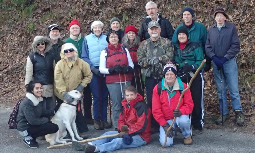 The OFHC gang for today's hike. (l-r) Radhika Nadig, Trushna Nadig, Bob Magee, Gail Smith and "Angus", David Hinson, June Bellamy, Mary Lu Norton, John Bellamy, Bruce O'Connor, Carole Wintle, Ronnie Johns, Dave Norton, Joe Collins, Jeanne O'Connor, Mike Bell and Phil Brownrigg.