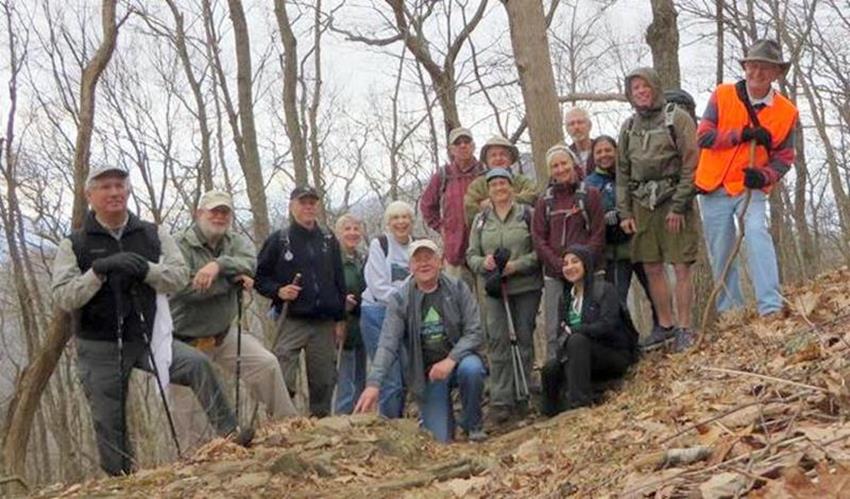 The OFHC gang for today's hike. (l-r) Bill Hunt, Bob Magee, Mike Bell, John Bellamhy, June Bellamy, Tony Presley, Tim Hale, David Hinson, Mary Lu Norton, Suzanne Belflower, Trushna Nadig, Dave Norton, Kanchan Garg, Stephen Gales and Joe Collins.