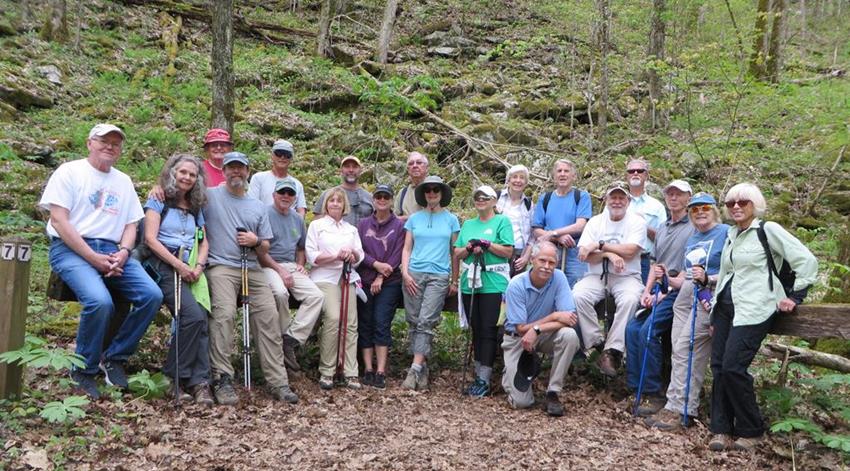 The OFHC gang for today's hike. (l-r) Tony Presley, Carole Wintle, Joe Collins, Jack Wintle, Jim Driggers, Vic Robson, Sandy Robson, Clay Masur, Greta Driggers, Tim Hale, Nancy Masur, Melinda Pfaff, June Bellamy, Mike Bell, John Bellamy , Bob Magee, John Anderson, Phil Brownrigg, Geri Barrios, and Pam Euliss .