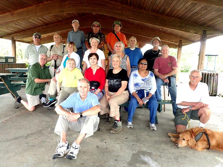 The OFHC gang for today's hike. (l-r)(front) Mike Bell, Mike Jones, "Barney", (second row) Geri Barrios, Jenny Bell, Jeanne O'Connor, Kanchan Garg .(third row) David Hinson, Sandy Robson, Martha Hunt, Marsha Tiesler, Vic Robson. (back row) Bill Hunt, Jack Jacobi, Phil Brownrigg, Ray Clark, Joe Collins, John Bellamy, John Anderson. NOT PICTURED - Scott Arnold, Niko Smith, Sarah Smith, Gerald Richardson and Tony Presley.