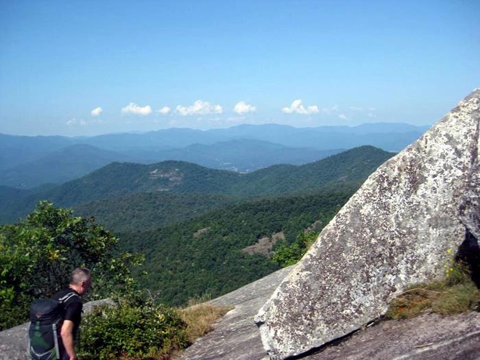 A very large sloping rock faced mountain with spectacular views of NC and GA mountains.