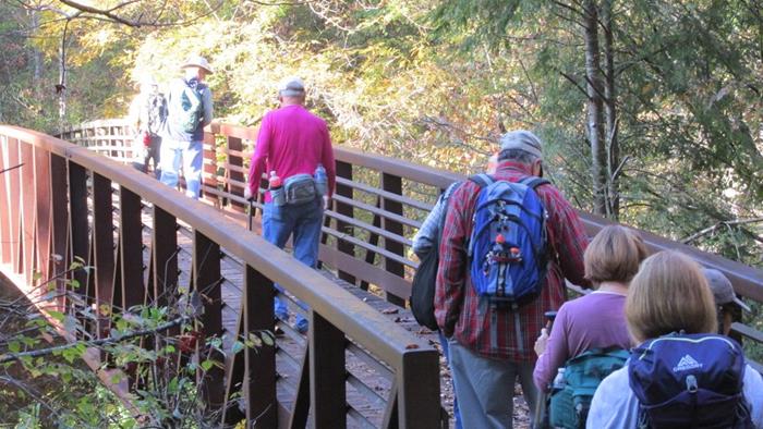 Crossing the bridge over the West Fork Chattooga River.