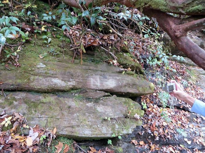 At the NC-SC-GA point, the original Ellicott Rock on the shoreline of the river. Someone has scraped off the algae to make the letters more visible.