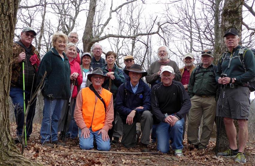 The OFHC gang for today's hike. (l-r kneeling) Joe Collins, Mike Bell and Tony Presley. (l-r standing) Ray Clark, Beth McDonald, Angela Evans, Dave Norton, Mary Lu Norton, Tim Hale, Jenny Bell, Thomas Bowers, Whitney Hutchinson, Bob Magee, Vic Robson and Stephen Gales.